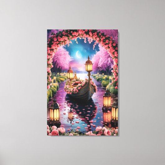 Fantasy Waterverf kunst van Lantern-Lit  boot Canvas Afdruk (Voorkant)