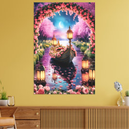 Fantasy Waterverf kunst van Lantern-Lit boot Canvas Afdruk