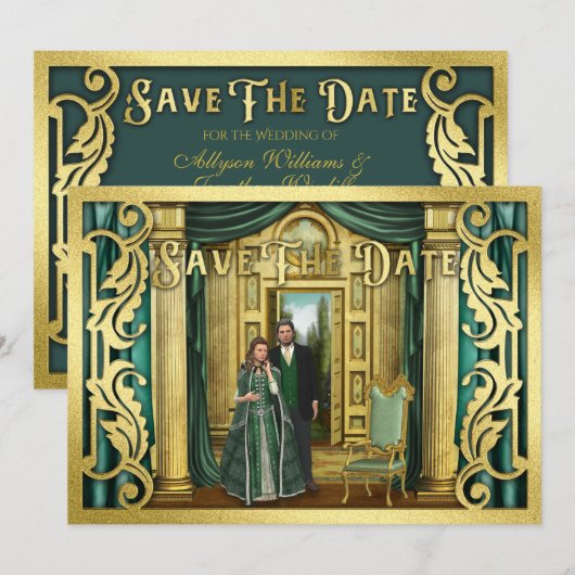 Fantasy Wedding Gold Glitter Middeleeuwse Foto Lij Save The Date (Voorkant / Achterkant)