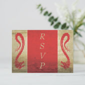 Fantasy Wedding Rood en Goud Aziatische Draak RSVP Kaartje (Staand voorkant)