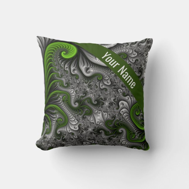 Fantasy Wereld Groen Grijs Abstracte Fractale Kuns Kussen (Voorkant)