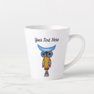 Fantasy Whimsical Owl Blue Head Colorful Feathers Latte Mok