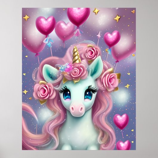 Fantasy White Baby Eenhoorn met roze Harten Poster (Voorkant)