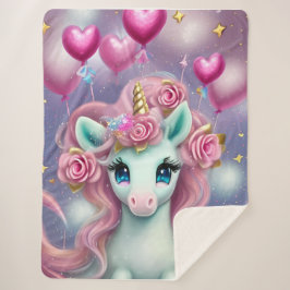 Fantasy White Baby Eenhoorn met roze Harten Sherpa Deken