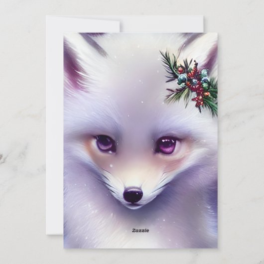Fantasy White Baby Fox met lavendelogen Feestdagenkaart (Achterkant)