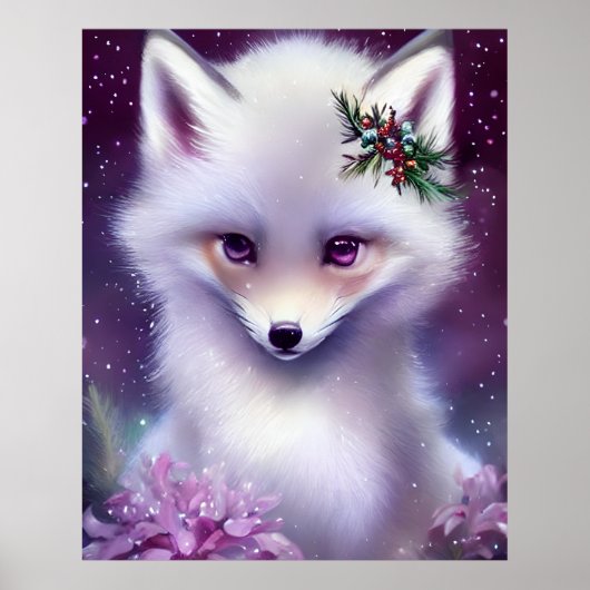 Fantasy White Baby Fox met lavendelogen Poster (Voorkant)