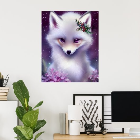 Fantasy White Baby Fox met lavendelogen Poster (Thuiskantoor)
