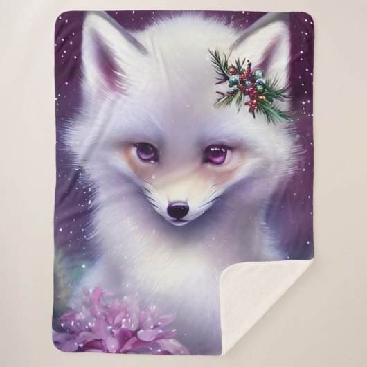 Fantasy White Baby Fox met lavendelogen Sherpa Deken (Voorkant)