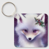 Fantasy White Baby Fox met lavendelogen Sleutelhanger (Voorkant)