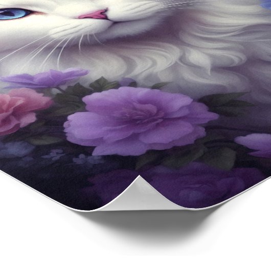 Fantasy White Cat met bloemen Poster (Hoek)