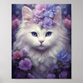 Fantasy White Cat met bloemen Poster (Voorkant)