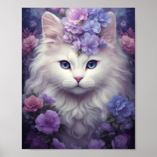 Fantasy White Cat met bloemen Poster (Voorkant)