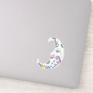 Fantasy White Crescent Moon met gezicht kleurrijk Sticker