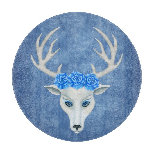 Fantasy White Deer Head Wearing Rozen Antlers Blue Snijplank (Voorkant)