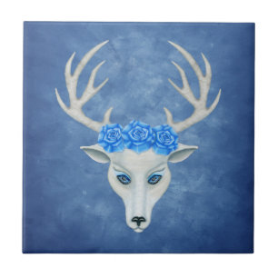 Fantasy White Head of a Deer Antlers Rozen Blue Tegeltje