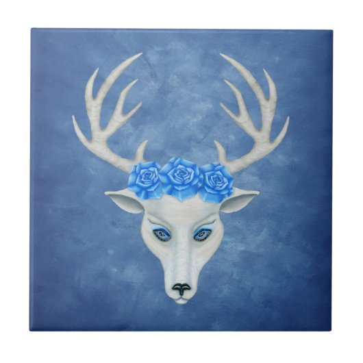 Fantasy White Head of a Deer Antlers Rozen Blue Tegeltje (Voorkant)