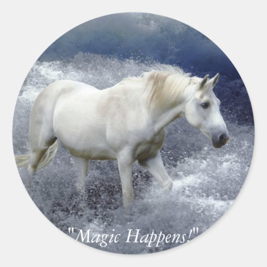 Fantasy White Horse and Ocean Surf Gifts Ronde Sticker (Voorkant)