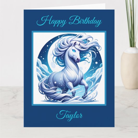 Fantasy White Horse in de Snow Birthday Kaart (Voorkant)