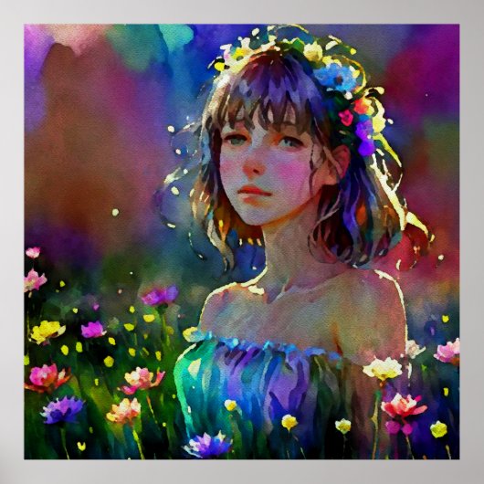 *~ Fantasy Wild Flowers AP56 Waterverf Art Meisje Poster (Voorkant)