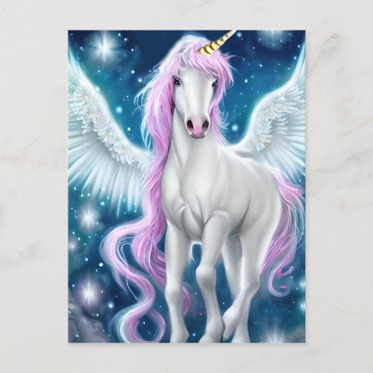 Fantasy Winged Unicorn met roze haar Briefkaart (Voorkant)