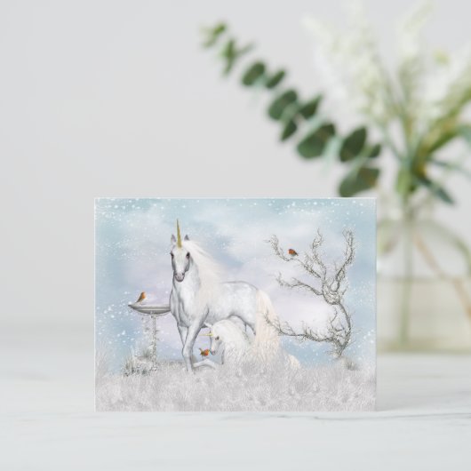 Fantasy Winter Unicorn en Foal Briefkaart (Staand voorkant)