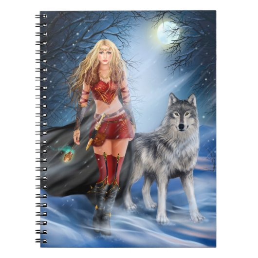 Fantasy Winter Woman Warrior Princess en wolf Notitieboek (Voorkant)
