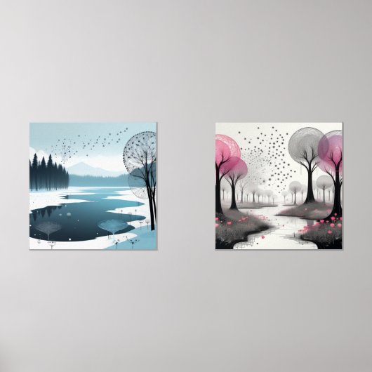 Fantasy Wispy Tree Paintings Roze en Blauw Muurkunst Sets (Voorkant)