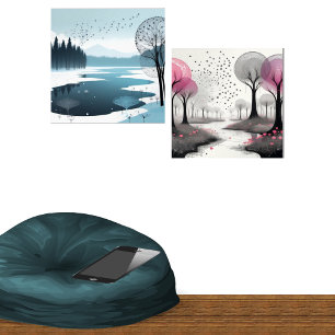 Fantasy Wispy Tree Paintings Roze en Blauw Muurkunst Sets