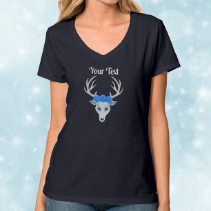 Fantasy wit hertenhoofd met gewei blauw Roos T-shirt