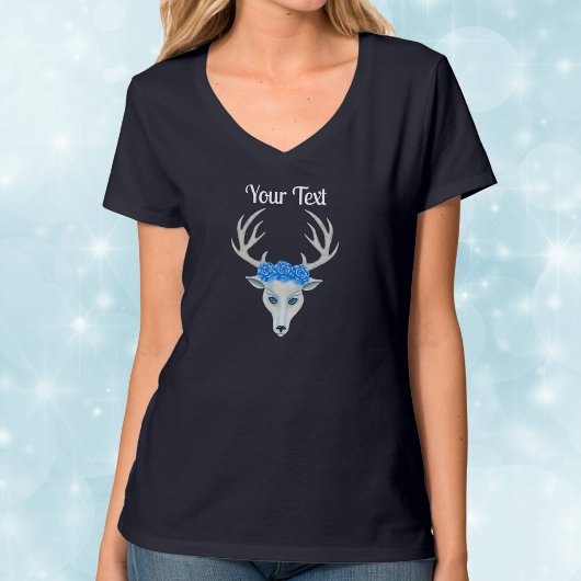 Fantasy wit hertenhoofd met gewei blauw Roos T-shirt