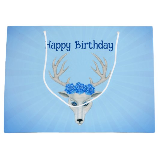 Fantasy Witte Herten Hoofd Antlers Rozen Verjaarda Groot Cadeauzakje (Voorkant)