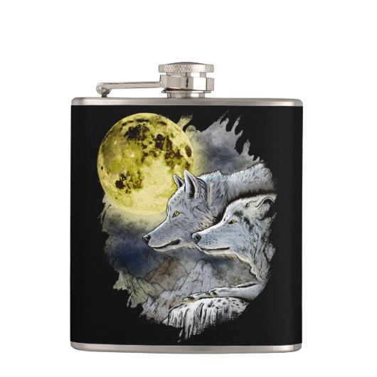 Fantasy Wolf Moon Mountain Heupfles (Voorkant)