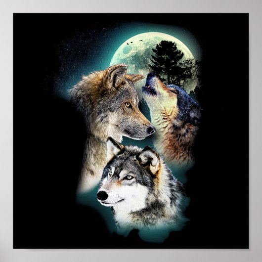 Fantasy Wolf Moon Mountain Poster (Voorkant)