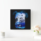 Fantasy Wolf Moon Mountain Vierkante Klok (Huis)