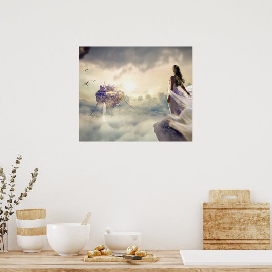 Fantasy Woman en Island Castle in de wolken Poster (Keuken)