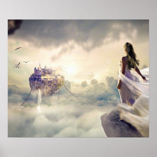 Fantasy Woman en Island Castle in de wolken Poster (Voorkant)