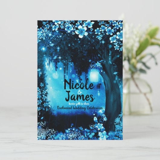 Fantasy Woodland Enchanted Blue Forest Wedding Kaart (Staand voorkant)