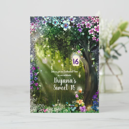 Fantasy Woodland Enchanted Forest Flowers Sweet 16 Kaart (Staand voorkant)