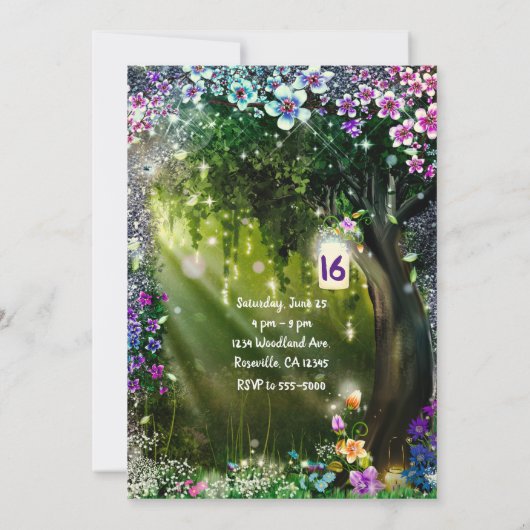 Fantasy Woodland Enchanted Forest Flowers Sweet 16 Kaart (Achterkant)
