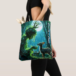 Fantasy woodland goddess and gentle deer art tote bag
