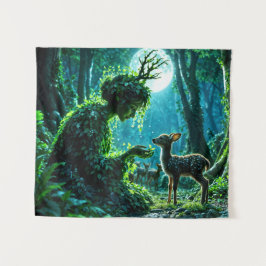 Fantasy woodland goddess and gentle deer art wandkleed