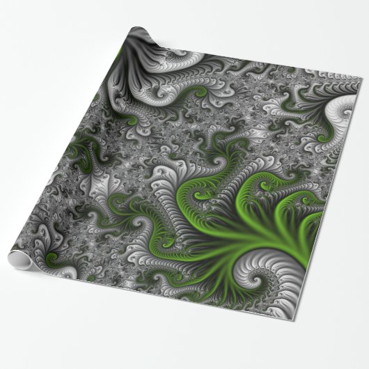 Fantasy World Green and Grey Abstract Fractal Art Cadeaupapier (Uitgerold)
