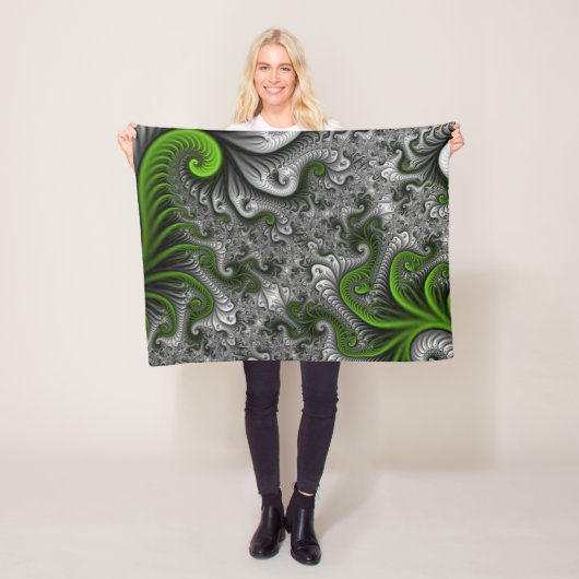 Fantasy World Green and Grey Abstract Fractal Art Fleece Deken (In situ)