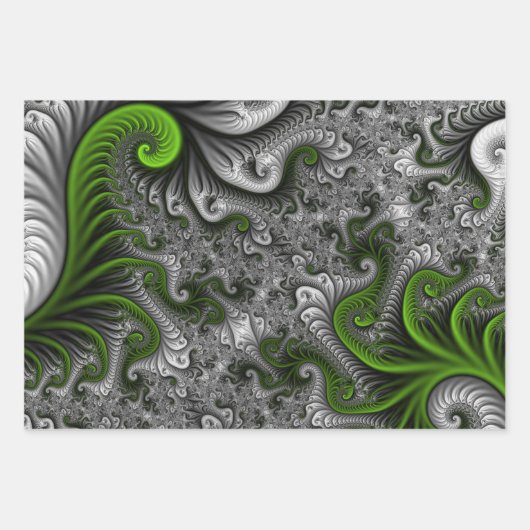 Fantasy World Green and Grey Abstract Fractal Art Inpakpapier Vel (Voorkant 2)