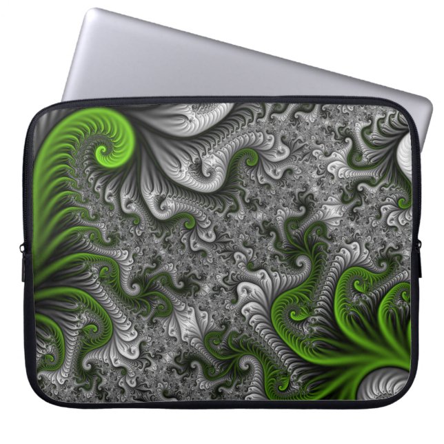 Fantasy World Green and Grey Abstract Fractal Art Laptop Sleeve (Voorkant)