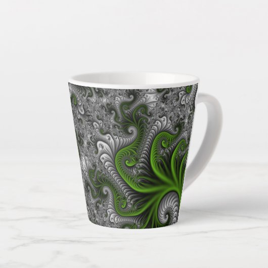 Fantasy World Green and Grey Abstract Fractal Art Latte Mok (Rechterhoek)