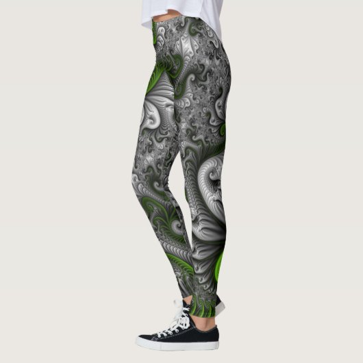 Fantasy World Green and Grey Abstract Fractal Art Leggings (Links)