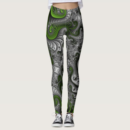 Fantasy World Green and Grey Abstract Fractal Art Leggings (Voorkant)