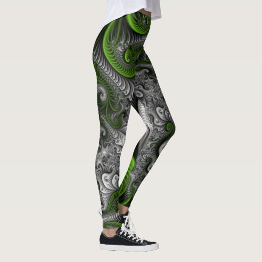 Fantasy World Green and Grey Abstract Fractal Art Leggings (Rechts)