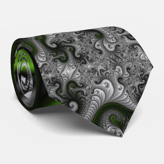 Fantasy World Green and Grey Abstract Fractal Art Stropdas (Opgerold)
